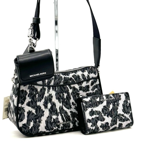 Michael Kors Jet Set Medium Leopard Logo Crossbody Bag w AirPods Case and Wallet - Picture 2 of 15